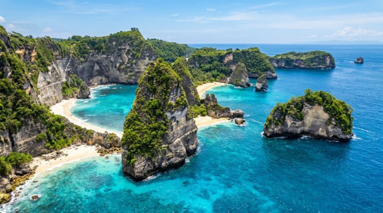Pemandangan aerial East Nusa Penida dengan Diamond Beach, formasi batu karang besar, pantai pasir putih, dan laut biru toska – destinasi utama paket tour East Nusa Penida